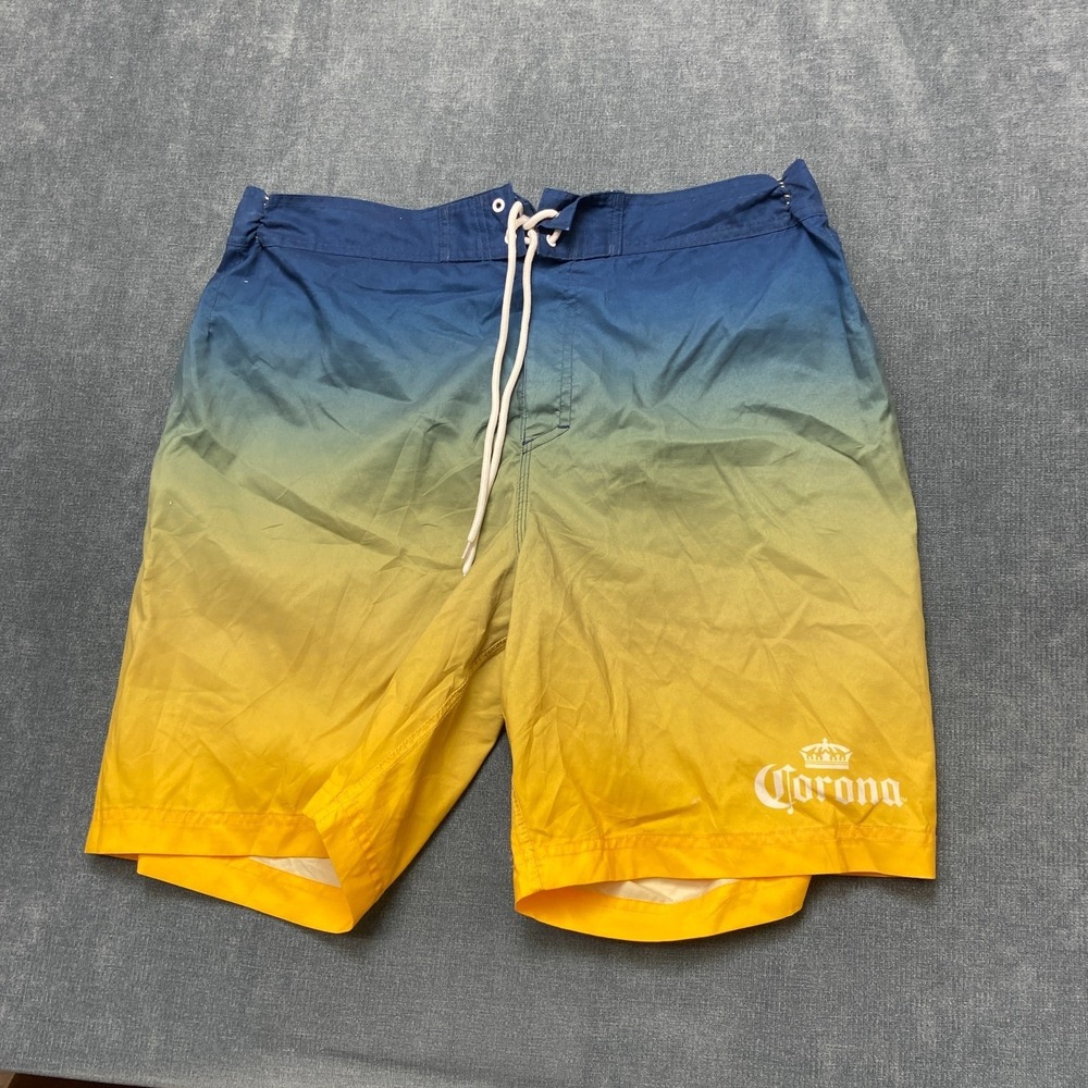 Corona Board Shorts Mens Large Blue Yellow Ombre Fade Mesh Lined Mid Rise Beach